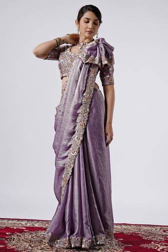 Designer purple full embroidery work shimmer saree with unstitched blouse