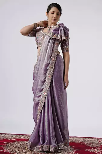 Designer purple full embroidery work shimmer saree with unstitched blouse