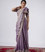 Designer purple full embroidery work shimmer saree with unstitched blouse