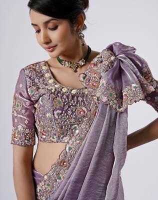 Designer purple full embroidery work shimmer saree with unstitched blouse 2