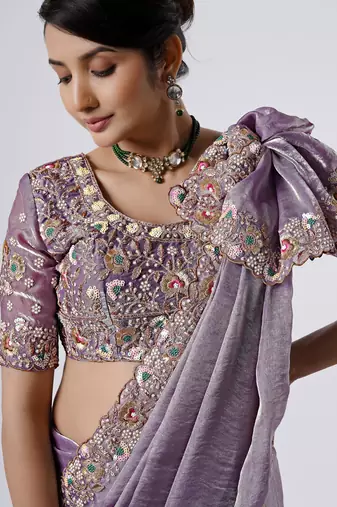 Designer purple full embroidery work shimmer saree with unstitched blouse