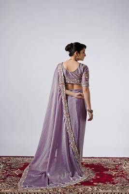 Designer purple full embroidery work shimmer saree with unstitched blouse 3