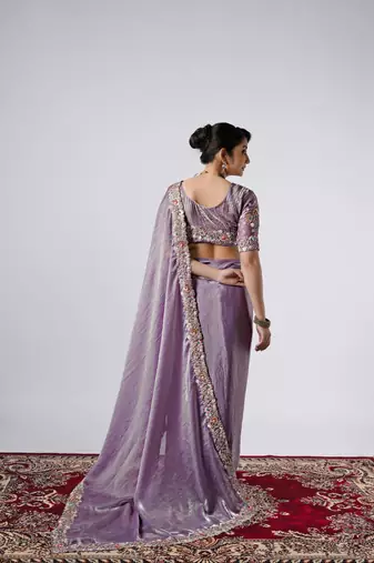 Designer purple full embroidery work shimmer saree with unstitched blouse