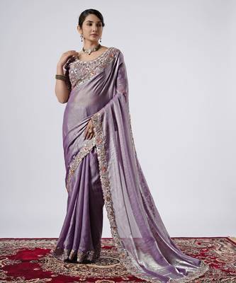 Designer purple full embroidery work shimmer saree with unstitched blouse 4