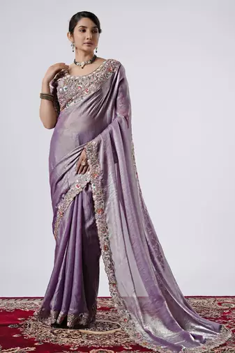 Designer purple full embroidery work shimmer saree with unstitched blouse