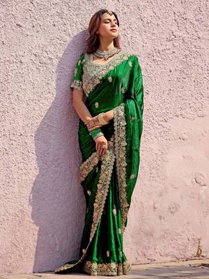 Pure green embroidered border motifs fandy satin saree with unstitched blouse 1