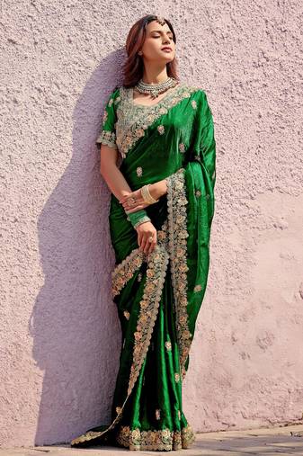 Pure green embroidered border motifs fandy satin saree with unstitched blouse