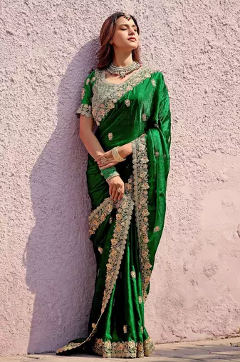 Pure green embroidered border motifs fandy satin saree with unstitched blouse