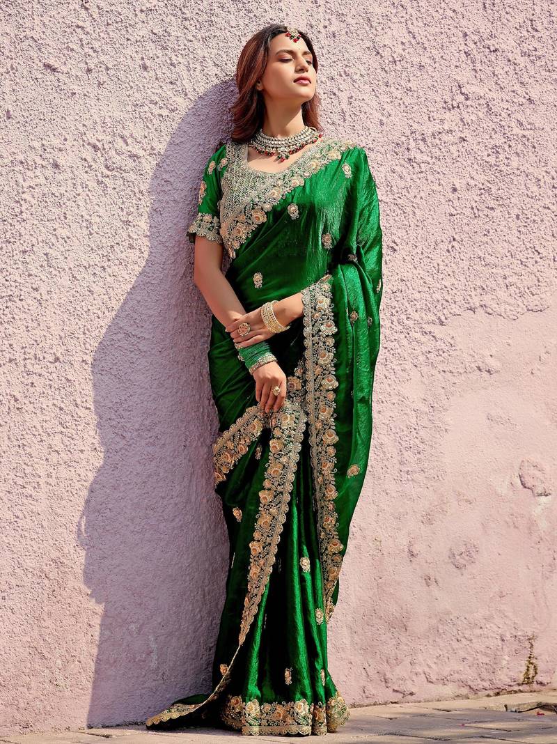 Pure green embroidered border motifs fandy satin saree with unstitched blouse