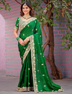 Pure green embroidered border motifs fandy satin saree with unstitched blouse 2