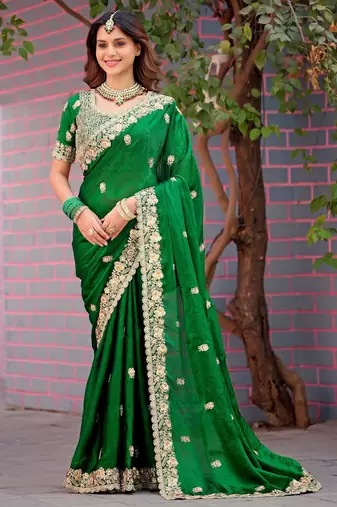 Pure green embroidered border motifs fandy satin saree with unstitched blouse