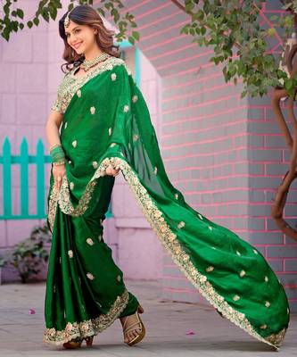Pure green embroidered border motifs fandy satin saree with unstitched blouse 3