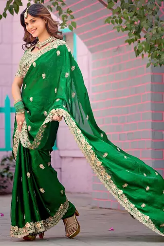 Pure green embroidered border motifs fandy satin saree with unstitched blouse