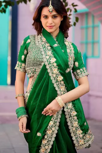 Pure green embroidered border motifs fandy satin saree with unstitched blouse
