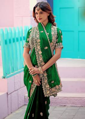 Pure green embroidered border motifs fandy satin saree with unstitched blouse 5