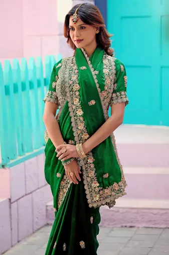 Pure green embroidered border motifs fandy satin saree with unstitched blouse