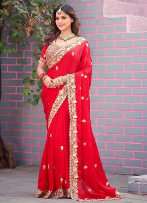 Light weight raani embroidered border motifs fandy satin saree with unstitched blouse 1