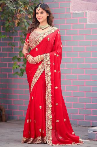Light weight raani embroidered border motifs fandy satin saree with unstitched blouse