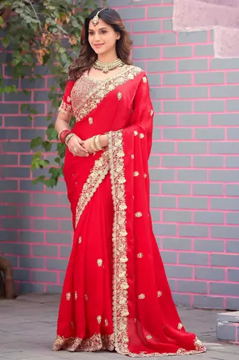 Light weight raani embroidered border motifs fandy satin saree with unstitched blouse