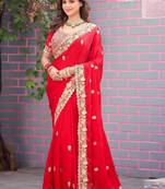 Light weight raani embroidered border motifs fandy satin saree with unstitched blouse