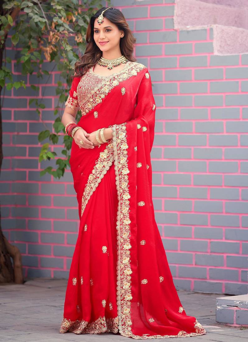 Light weight raani embroidered border motifs fandy satin saree with unstitched blouse