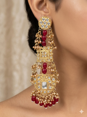 Antique gold kundan polki long jhumka earrings with ruby beads & pearl drops 5