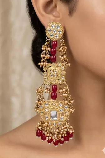 Antique gold kundan polki long jhumka earrings with ruby beads & pearl drops