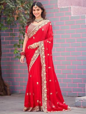 Light weight raani embroidered border motifs fandy satin saree with unstitched blouse 2