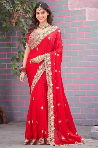 Light weight raani embroidered border motifs fandy satin saree with unstitched blouse