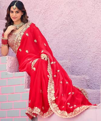 Light weight raani embroidered border motifs fandy satin saree with unstitched blouse 3