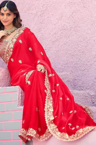 Light weight raani embroidered border motifs fandy satin saree with unstitched blouse
