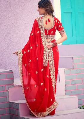 Light weight raani embroidered border motifs fandy satin saree with unstitched blouse 5