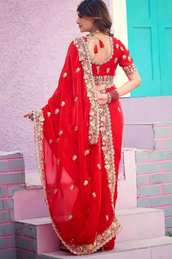 Light weight raani embroidered border motifs fandy satin saree with unstitched blouse