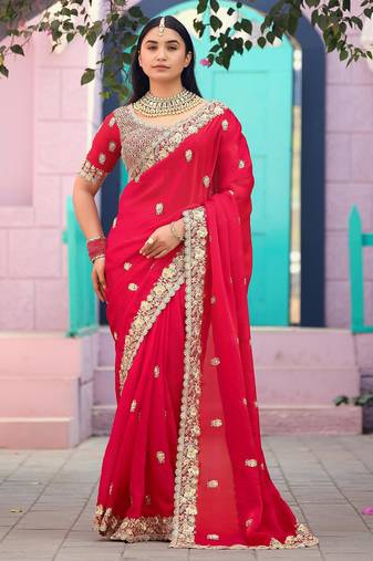 Fashionable red embroidered border motifs fandy satin saree with unstitched blouse