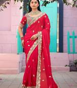 Fashionable red embroidered border motifs fandy satin saree with unstitched blouse