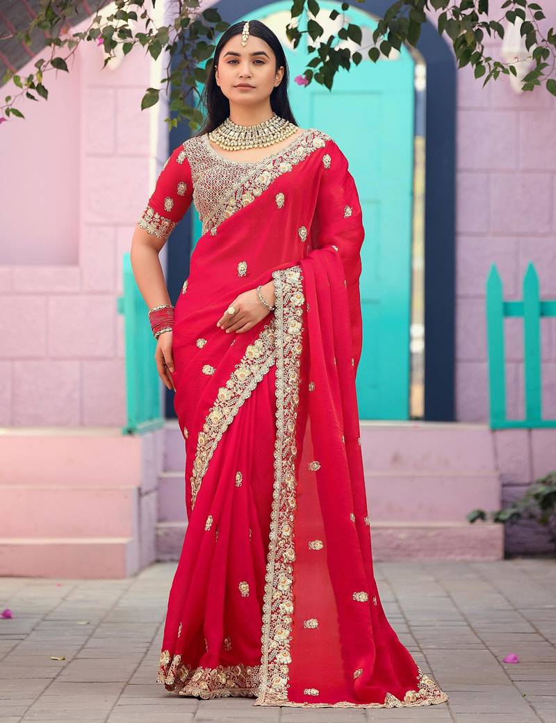 Fashionable red embroidered border motifs fandy satin saree with unstitched blouse