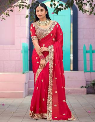 Fashionable red embroidered border motifs fandy satin saree with unstitched blouse 2