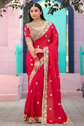 Fashionable red embroidered border motifs fandy satin saree with unstitched blouse