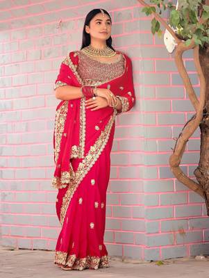 Fashionable red embroidered border motifs fandy satin saree with unstitched blouse 3