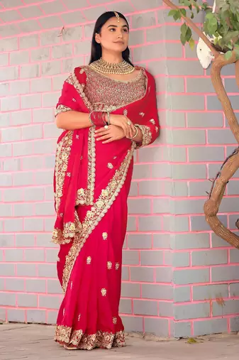 Fashionable red embroidered border motifs fandy satin saree with unstitched blouse