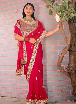 Fashionable red embroidered border motifs fandy satin saree with unstitched blouse 4