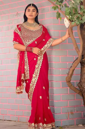 Fashionable red embroidered border motifs fandy satin saree with unstitched blouse