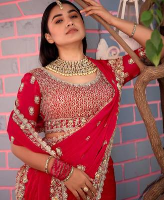 Fashionable red embroidered border motifs fandy satin saree with unstitched blouse 5