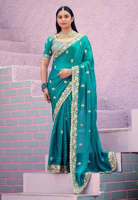 soft silk blend teal blue embroidered border motifs fandy satin saree with unstitched blouse 1