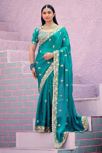 soft silk blend teal blue embroidered border motifs fandy satin saree with unstitched blouse