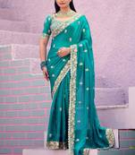 soft silk blend teal blue embroidered border motifs fandy satin saree with unstitched blouse