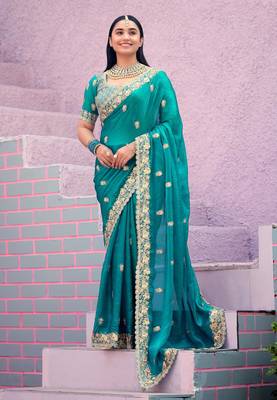 soft silk blend teal blue embroidered border motifs fandy satin saree with unstitched blouse 2