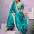 soft silk blend teal blue embroidered border motifs fandy satin saree with unstitched blouse