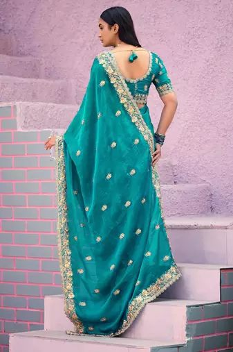 soft silk blend teal blue embroidered border motifs fandy satin saree with unstitched blouse