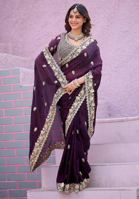Celebrity type wine purple embroidered border motifs fandy satin saree with unstitched blouse 1